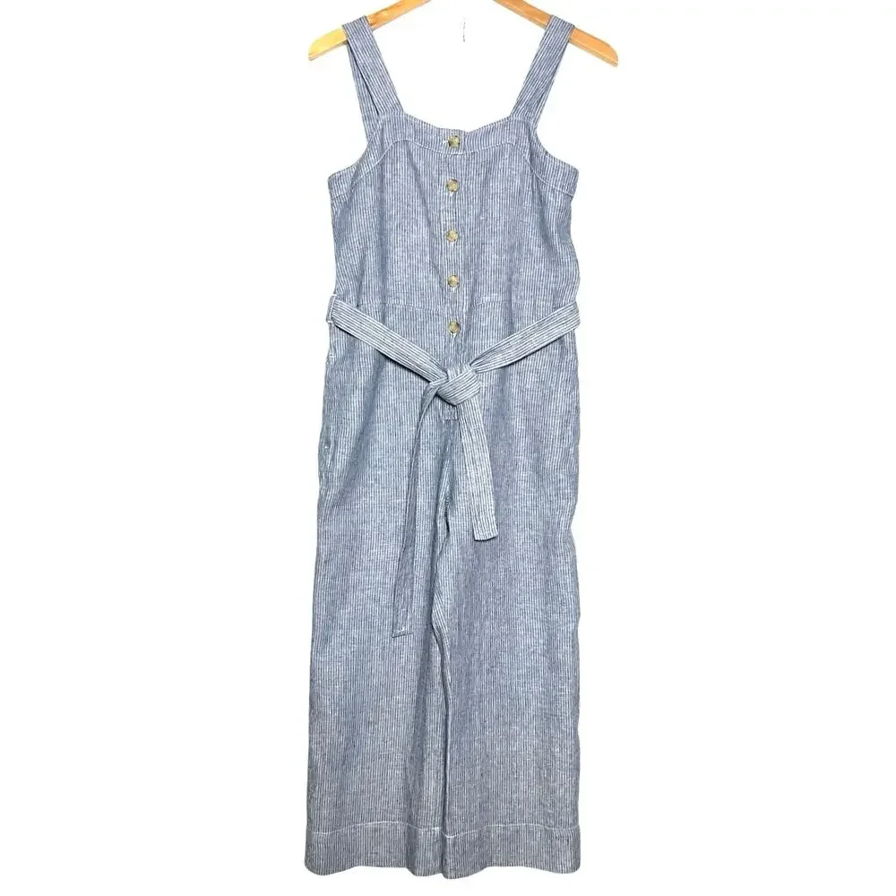 EVERLANE Women’s Blue Striped Linen Cropped Wide Leg Belted Jumpsuit